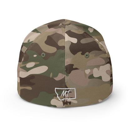 Back view of Gallatin Mountain Range in Gallatin National Forest Montana Multicam Green Flexfit 6277 Hat from Park Attire