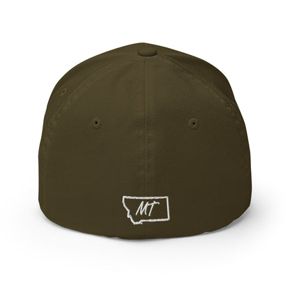 Back view of Gallatin Mountain Range in Gallatin National Forest Montana Olive Flexfit 6277 Hat from Park Attire