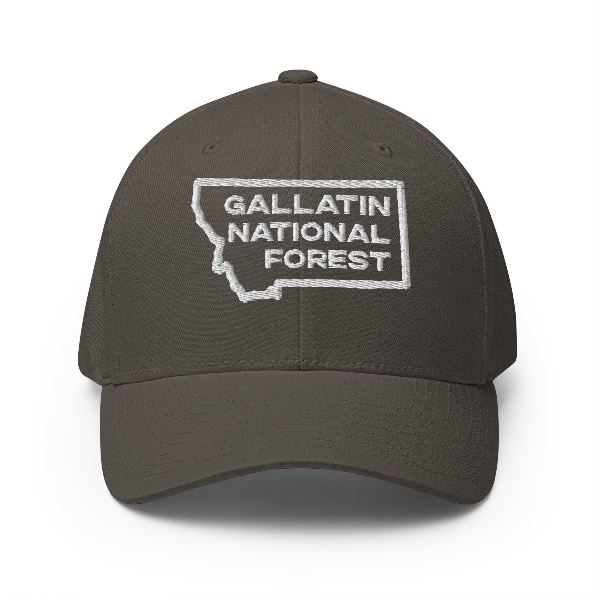 Front view of Gallatin Mountain Range in Gallatin National Forest Montana Multicam Charcoal Men's Flexfit Hat from Park Attire