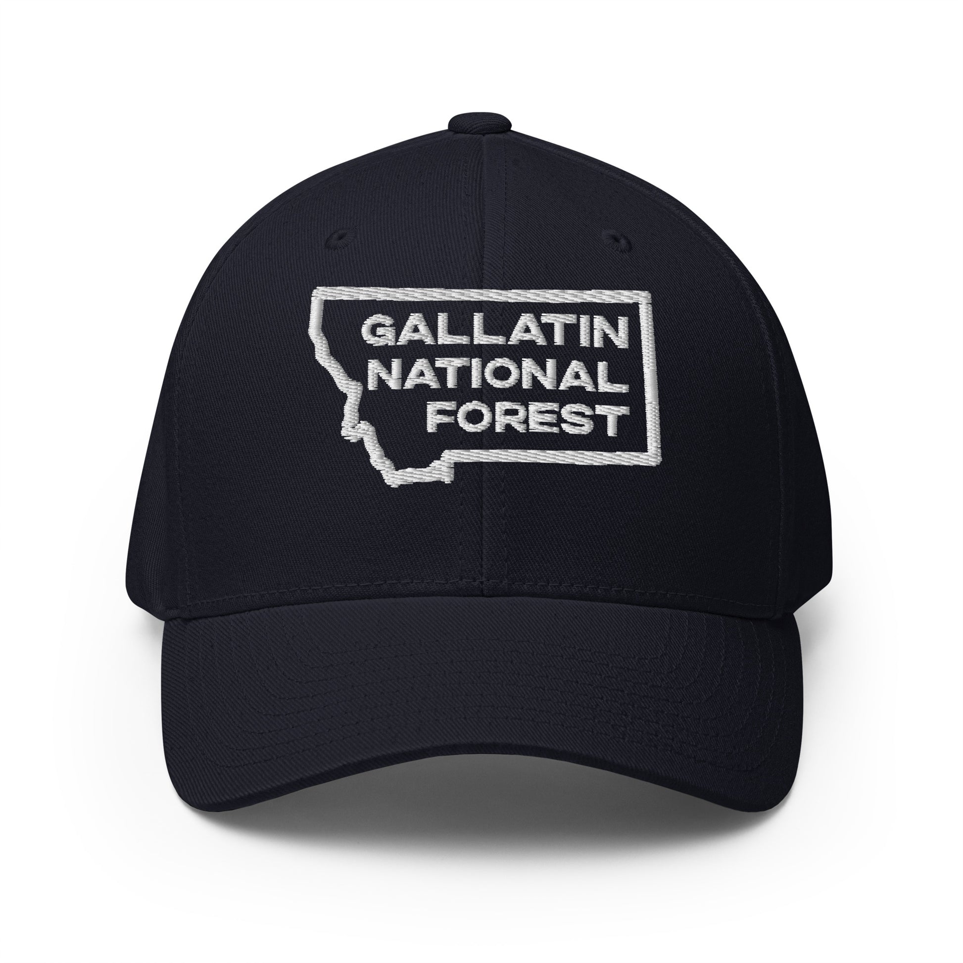 Front view of Gallatin Mountain Range in Gallatin National Forest Montana Dark Navy Men's Flexfit Hat from Park Attire