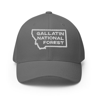 Front view of Gallatin Mountain Range in Gallatin National Forest Montana Grey Men's Flexfit Hat from Park Attire