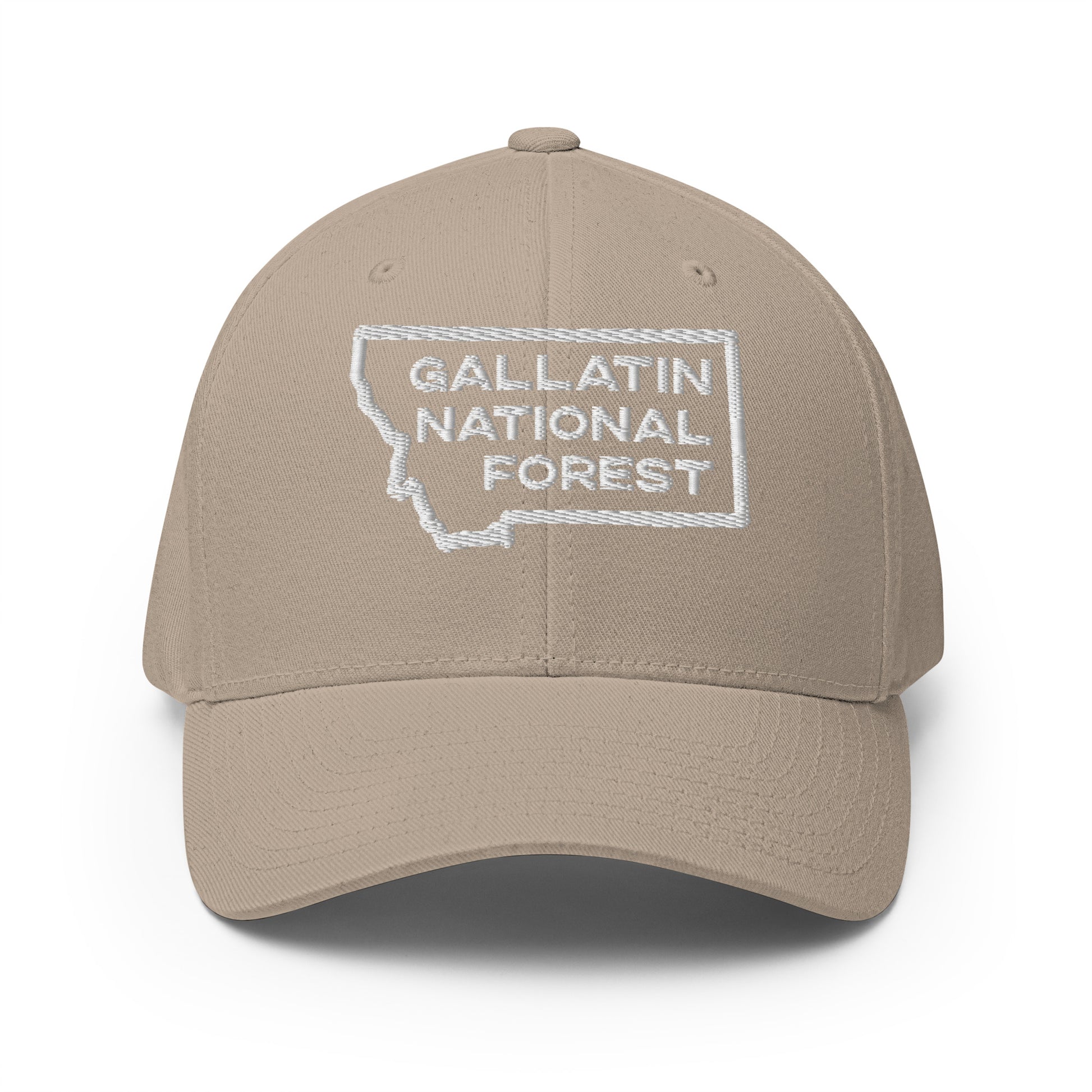 Front view of Gallatin Mountain Range in Gallatin National Forest Montana Khaki Men's Flexfit Hat from Park Attire