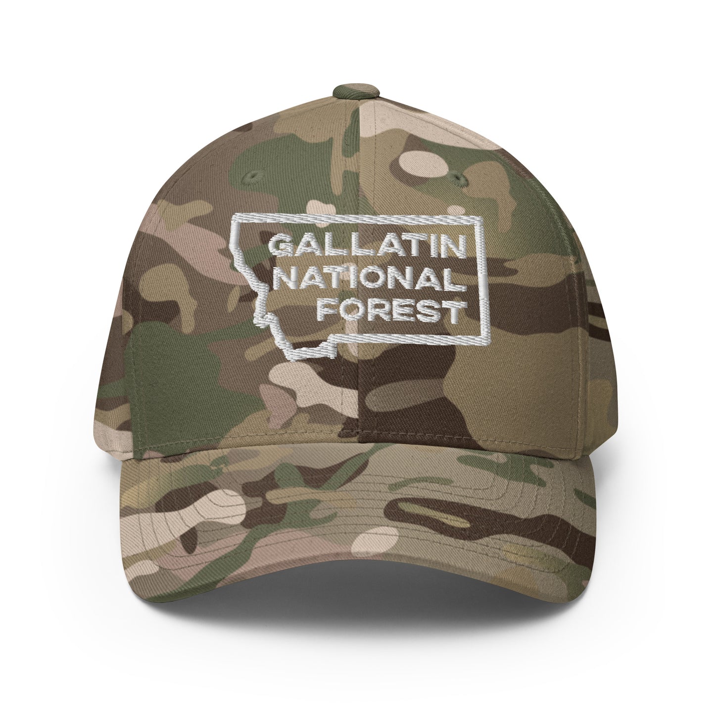 Front view of Gallatin Mountain Range in Gallatin National Forest Montana Multicam Green Men's Flexfit Hat from Park Attire