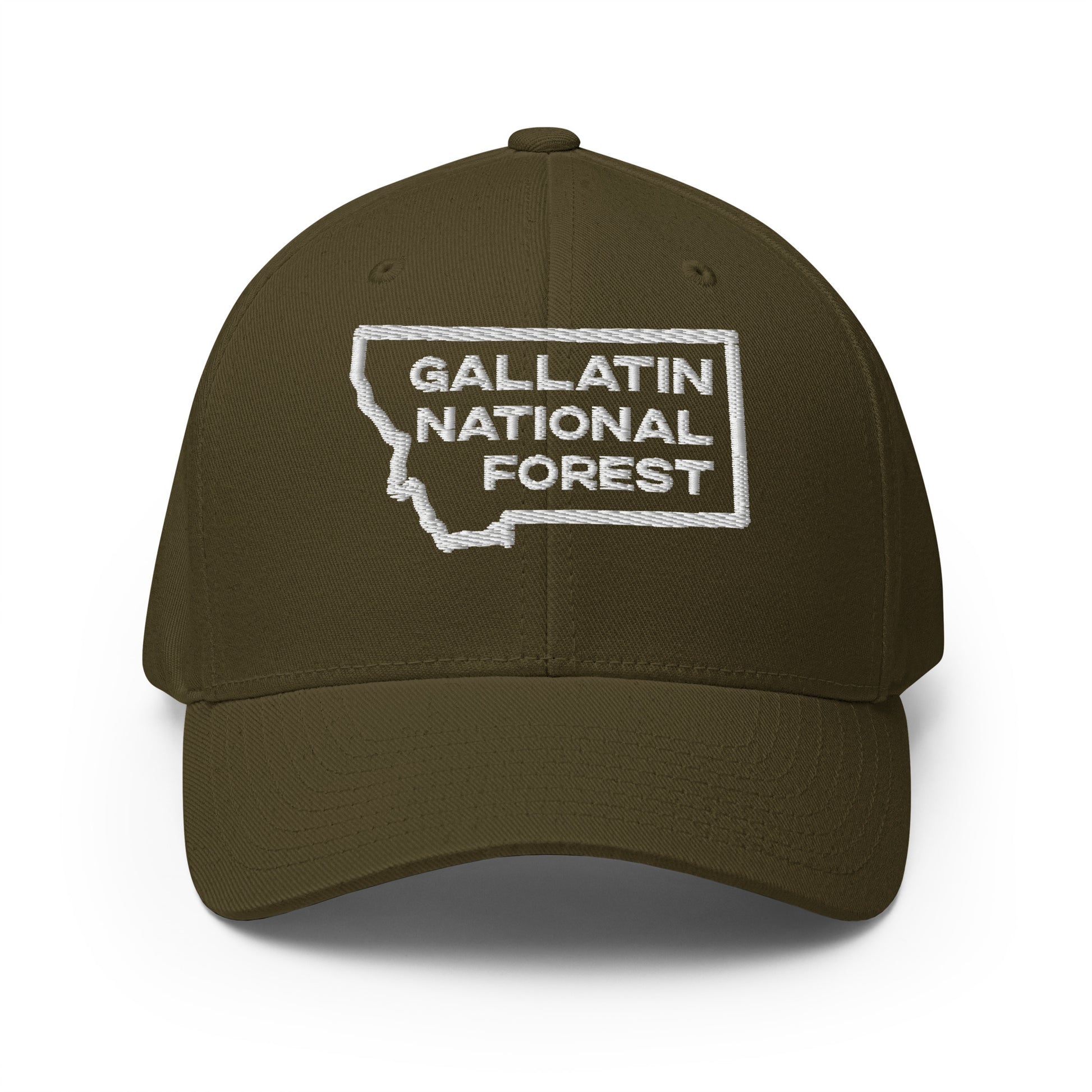Front view of Gallatin Mountain Range in Gallatin National Forest Montana Olive Men's Flexfit Hat from Park Attire