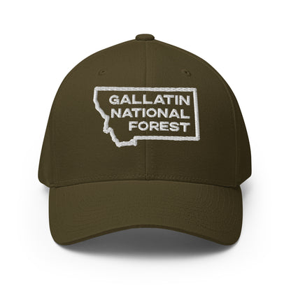 Front view of Gallatin Mountain Range in Gallatin National Forest Montana Olive Men's Flexfit Hat from Park Attire