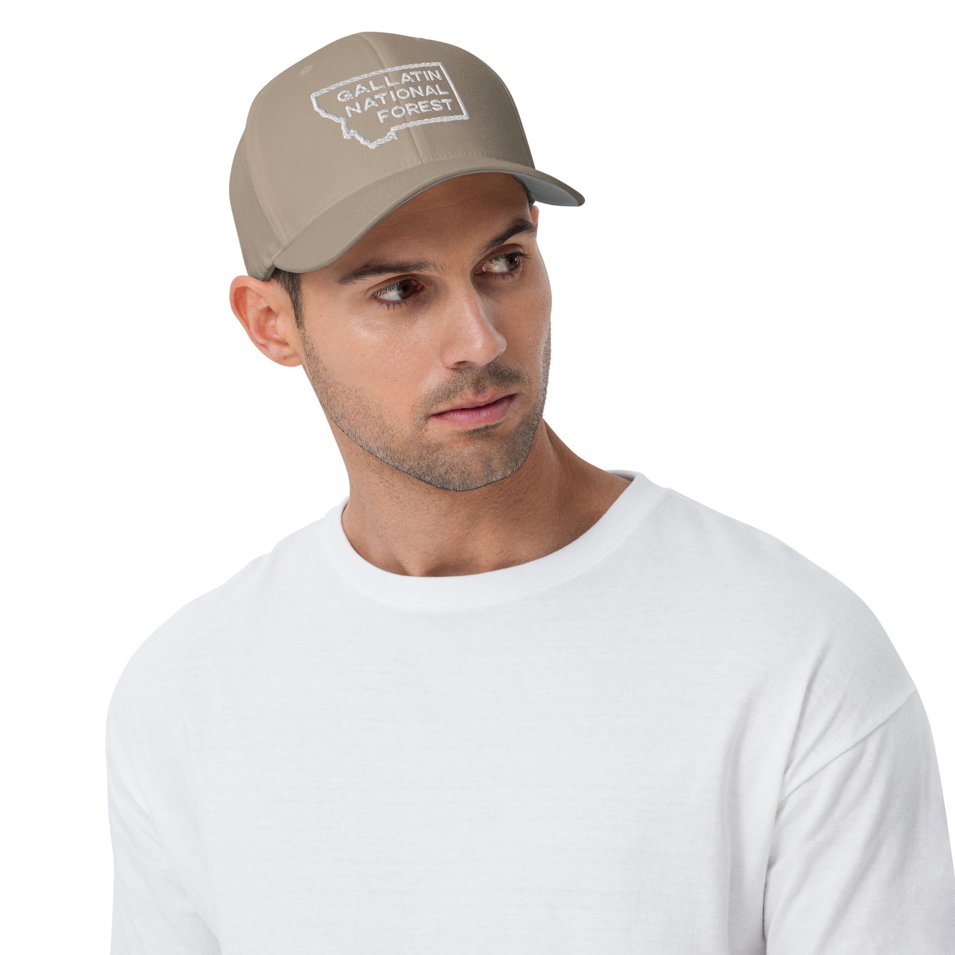 Front-Side view of Gallatin Mountain Range in Gallatin National Forest Montana Khaki Men's Structured Cap from Park Attire