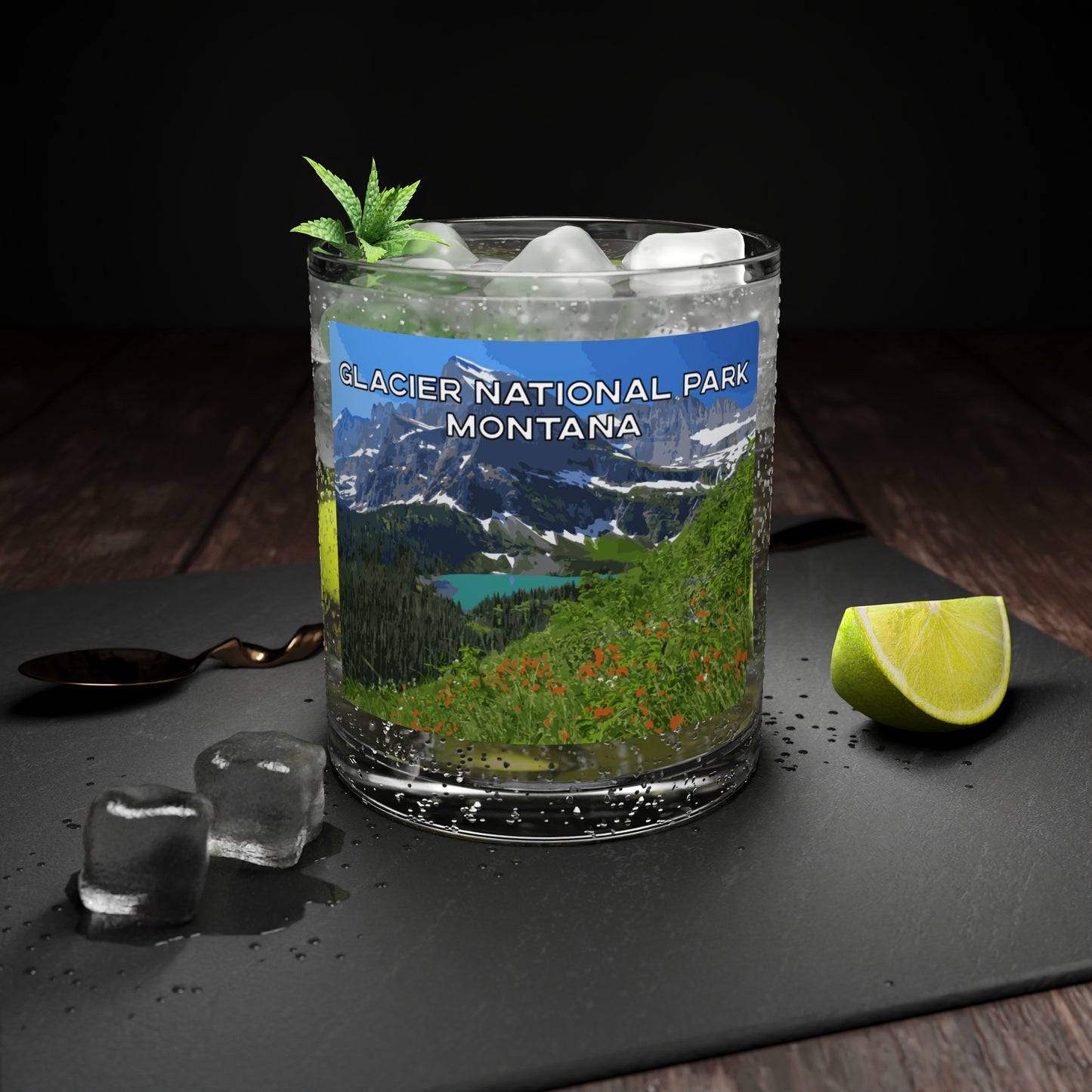 Front view of Glacier National Park in Montana Scotch Glass from Park Attire