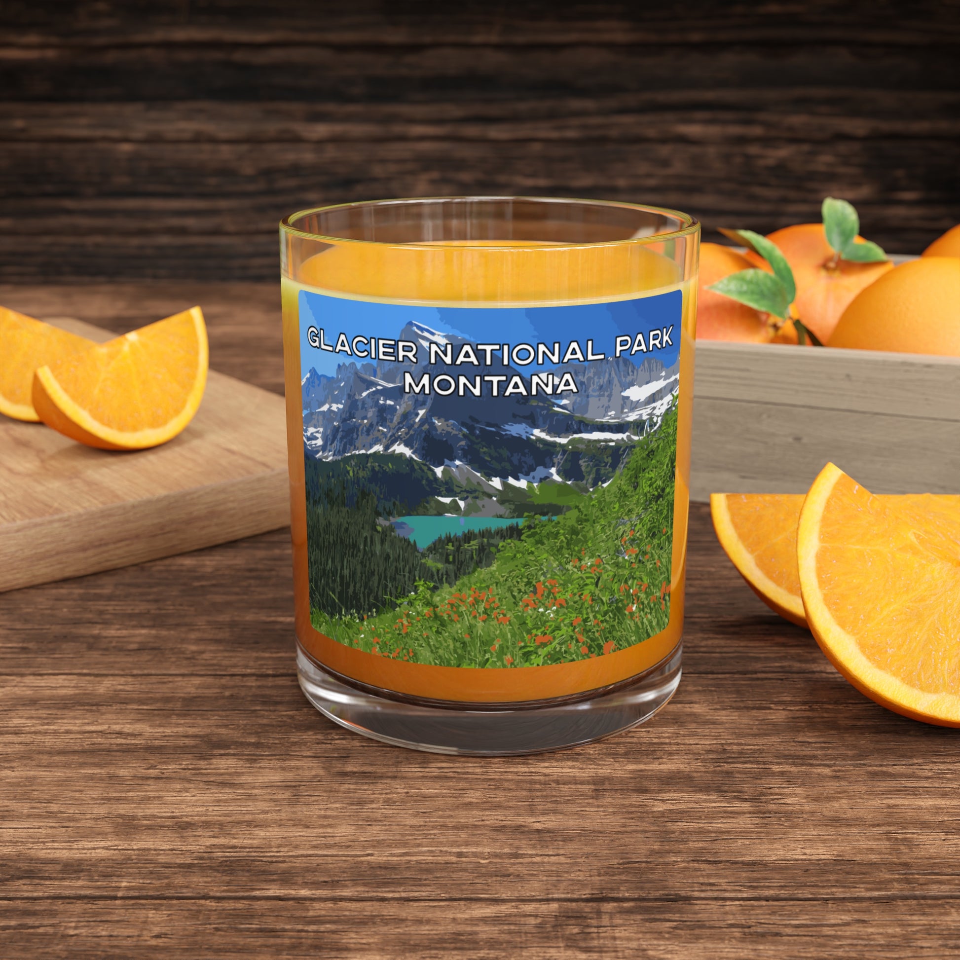 Front view of Glacier National Park in Montana Whiskey Glass from Park Attire