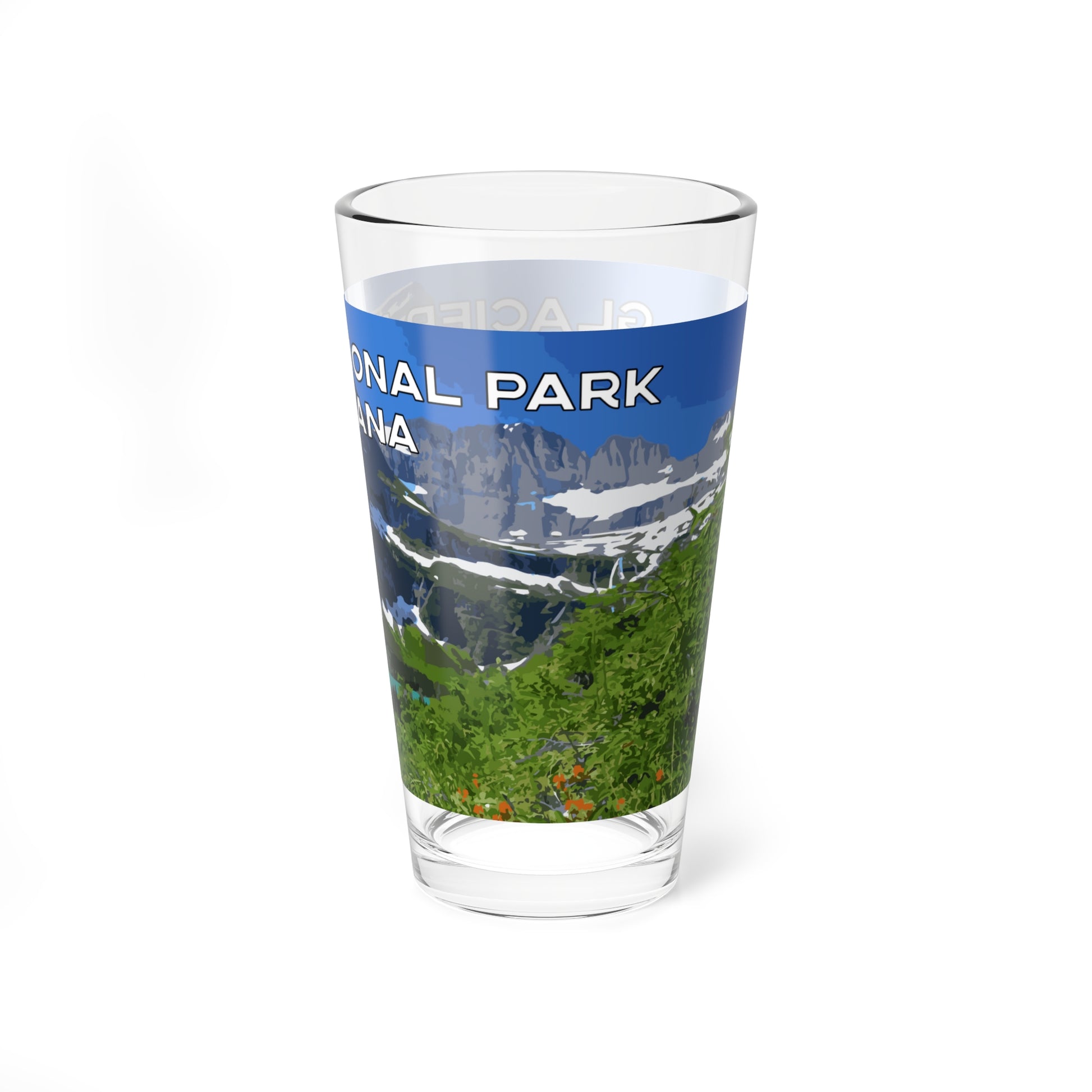 Side view of Glacier National Park Montana 16oz Bar Glass from Park Attire