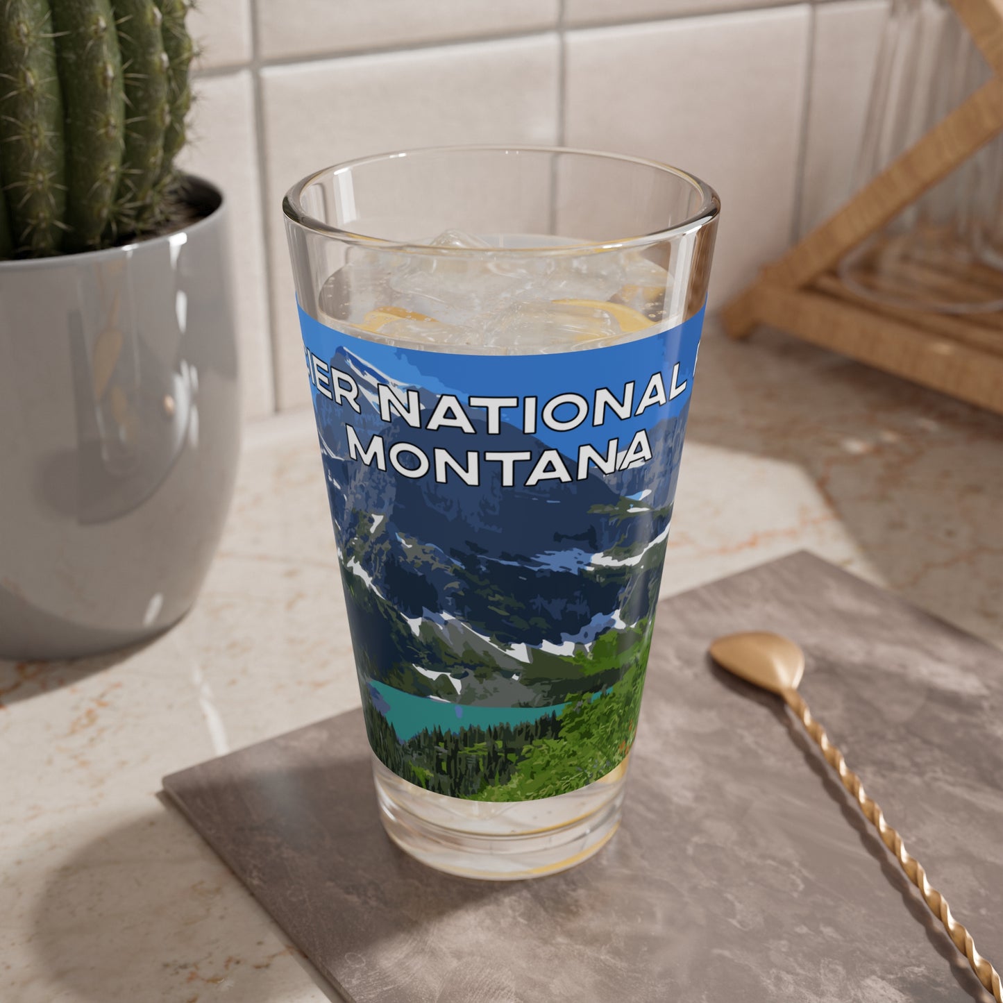 Front view of Glacier National Park Montana 16oz Beer Glassware from Park Attire
