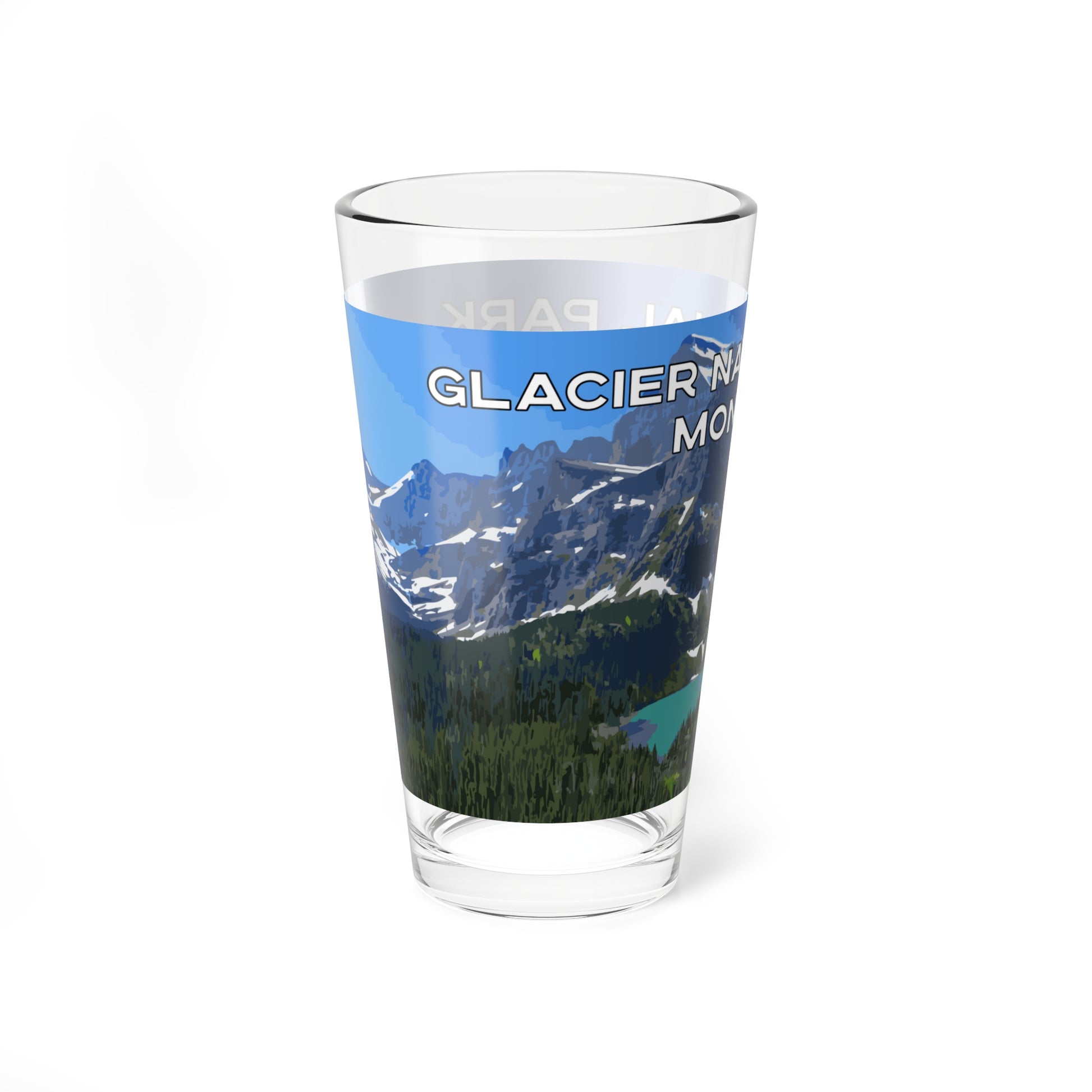 Side view of Glacier National Park Montana 16oz Clear Glassware from Park Attire