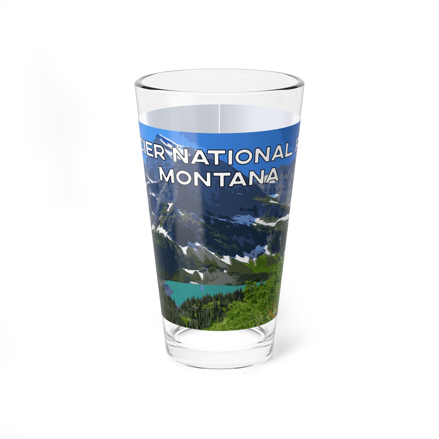 Front view of Glacier National Park Montana 16oz Pint Glass from Park Attire