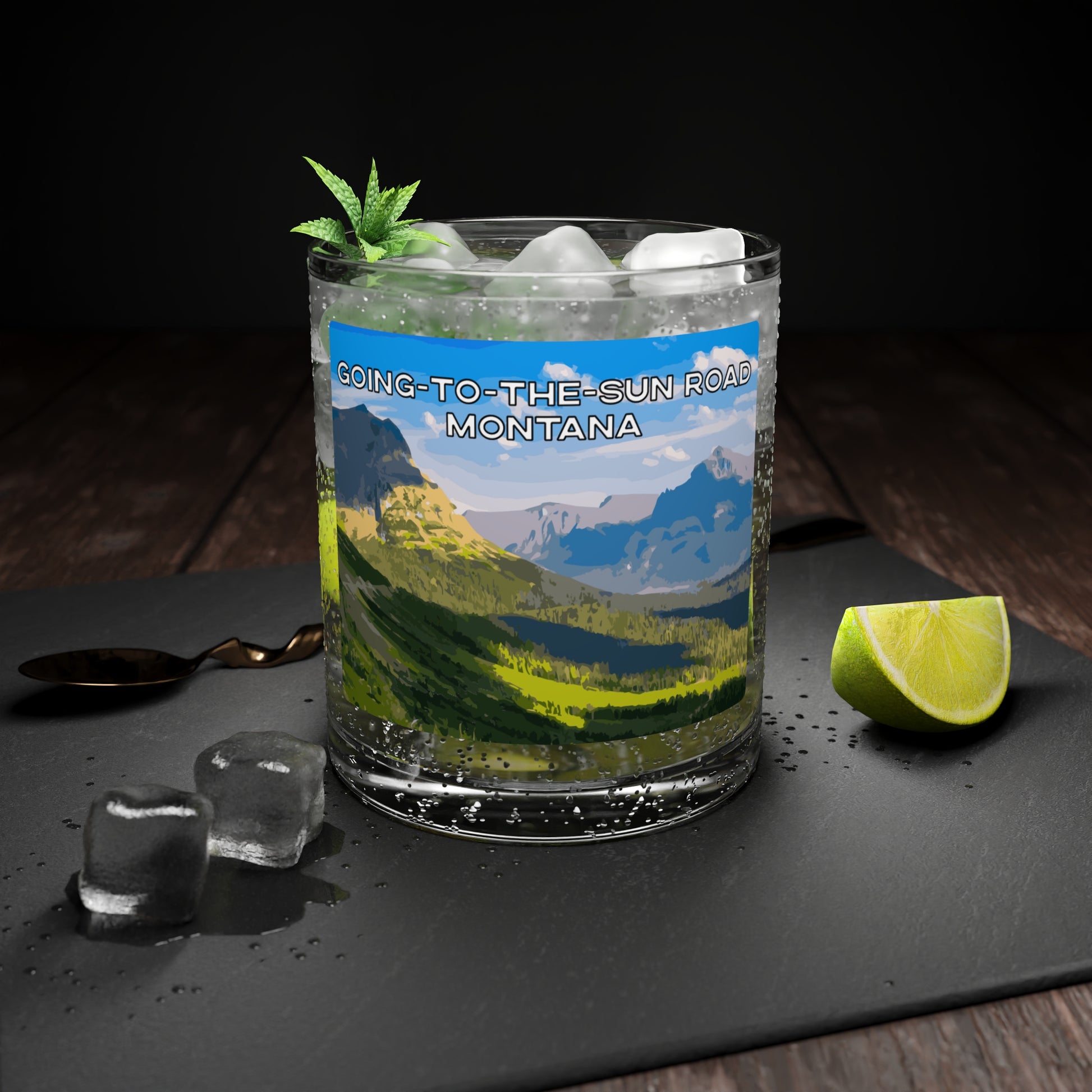 Front view of Going-to-the-Sun Road in Glacier National Park Montana Scotch Glass from Park Attire