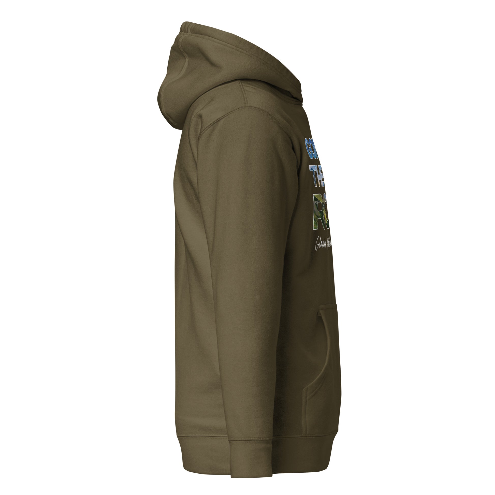 Right Side view of Going-to-the-Sun Road in Glacier National Park Montana Military Green Cotton Hoodie from Park Attire