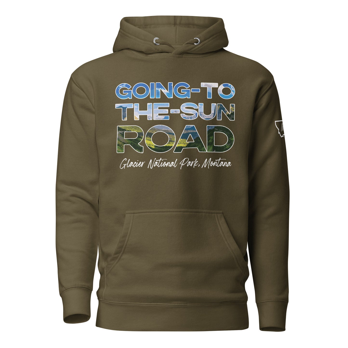 Front view of Going-to-the-Sun Road in Glacier National Park Montana Military Green Hoodie from Park Attire