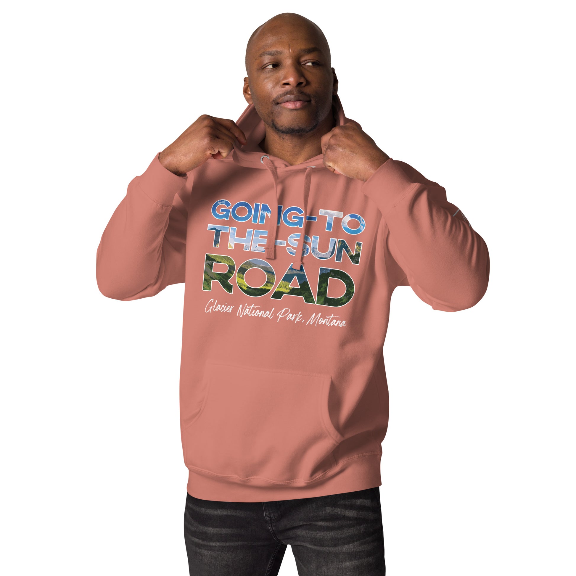 Front-Side view of Going-to-the-Sun Road in Glacier National Park Montana Dusty Rose Men's Hoodie from Park Attire