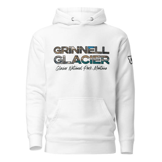 Front view of Grinnell Glacier in Glacier National Park Montana White Hoodie from Park Attire