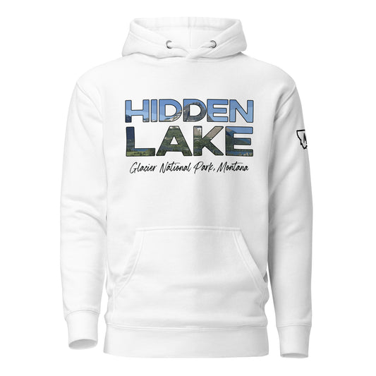 Front view of Hidden Lake in Glacier National Park Montana White Hoodie from Park Attire