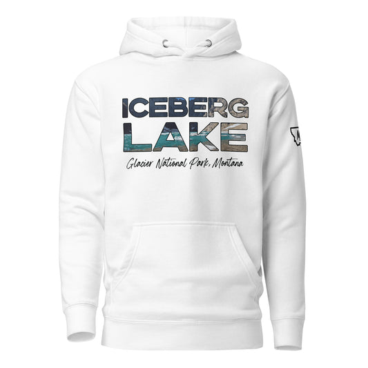 Front view of Iceberg Lake in Glacier National Park Montana White Hoodie from Park Attire