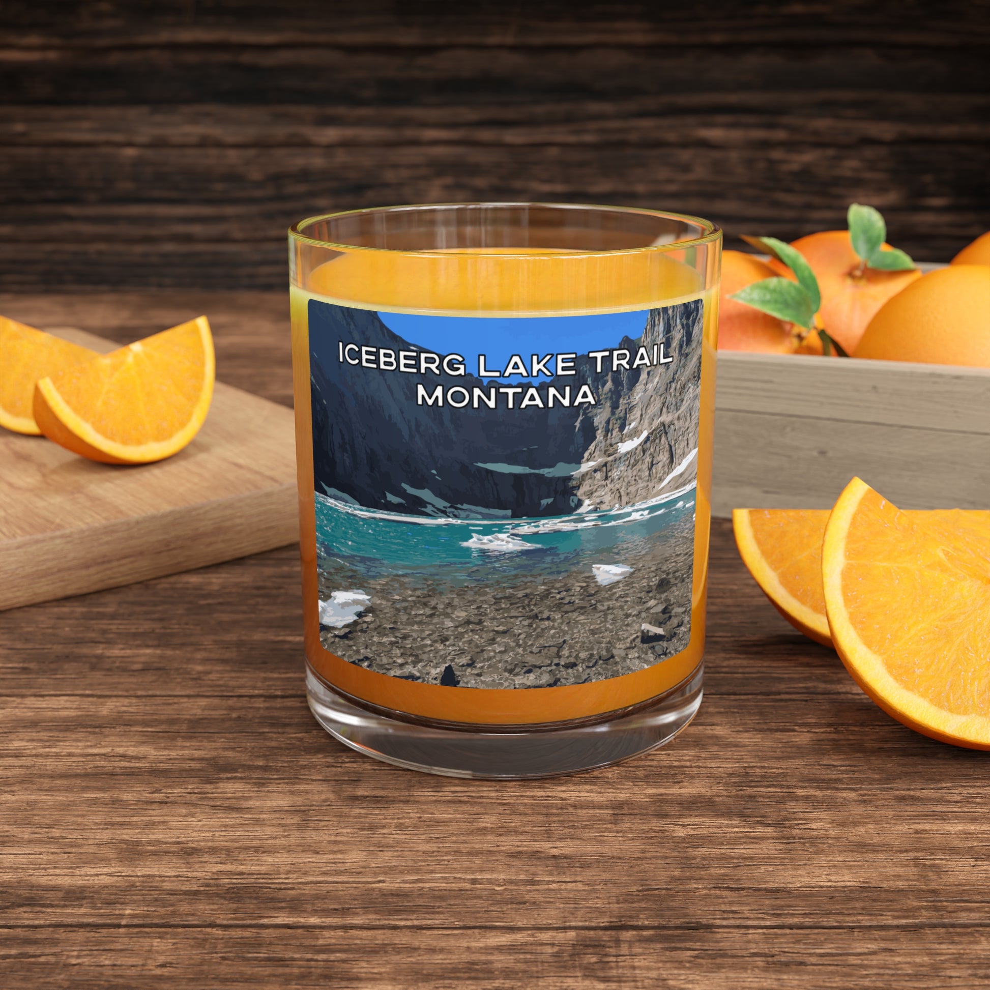 Front view of Iceberg Lake Trail in Glacier National Park Montana Whiskey Glass from Park Attire