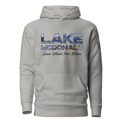 Front view of Lake McDonald in Glacier National Park Montana Carbon Grey Hoodie from Park Attire