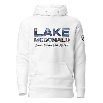 Front view of Lake McDonald in Glacier National Park Montana White Hoodie from Park Attire