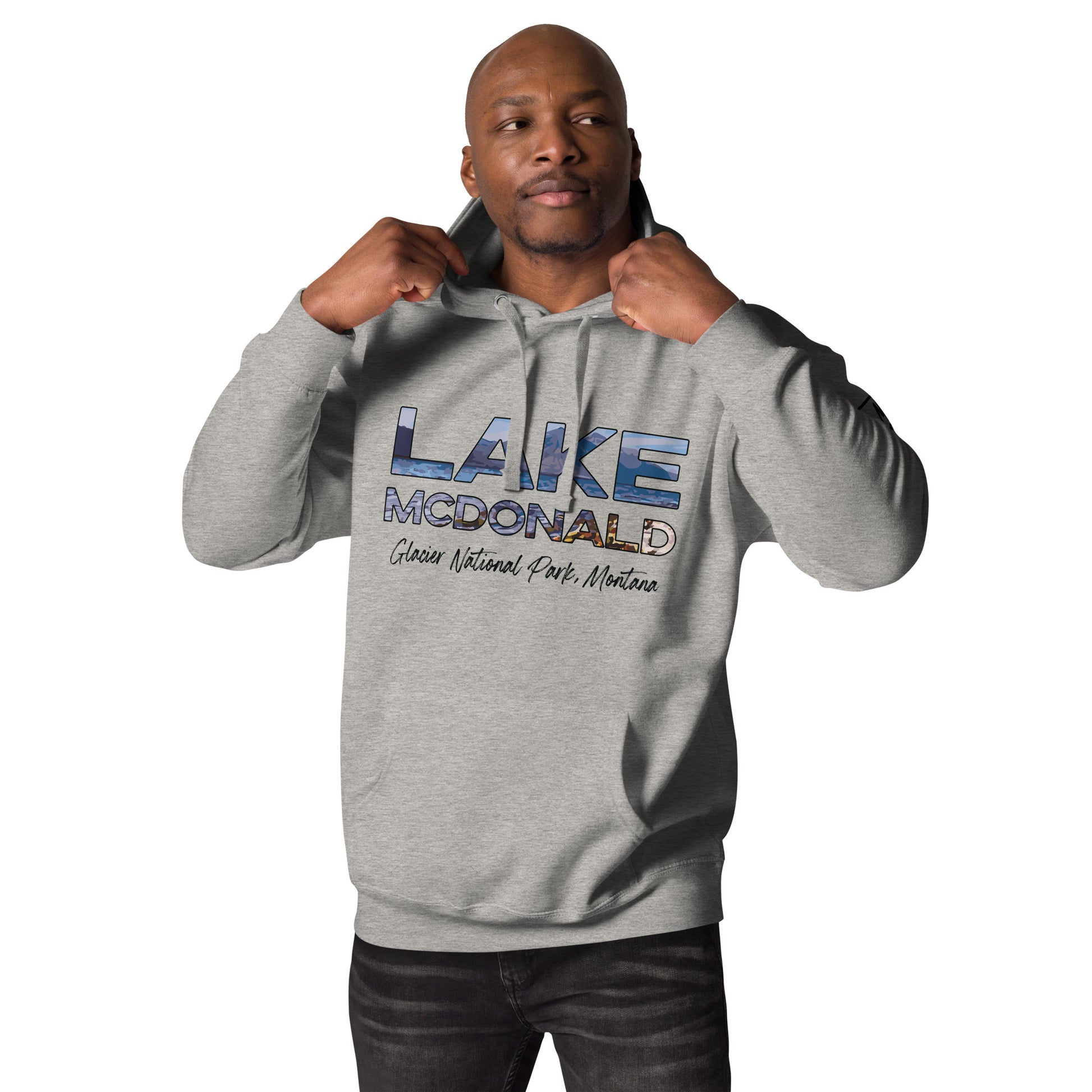 Front-Side view of Lake McDonald in Glacier National Park Montana Carbon Grey Men's Hoodie from Park Attire