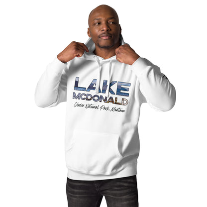 Front-Side view of Lake McDonald in Glacier National Park Montana White Men's Hoodie from Park Attire