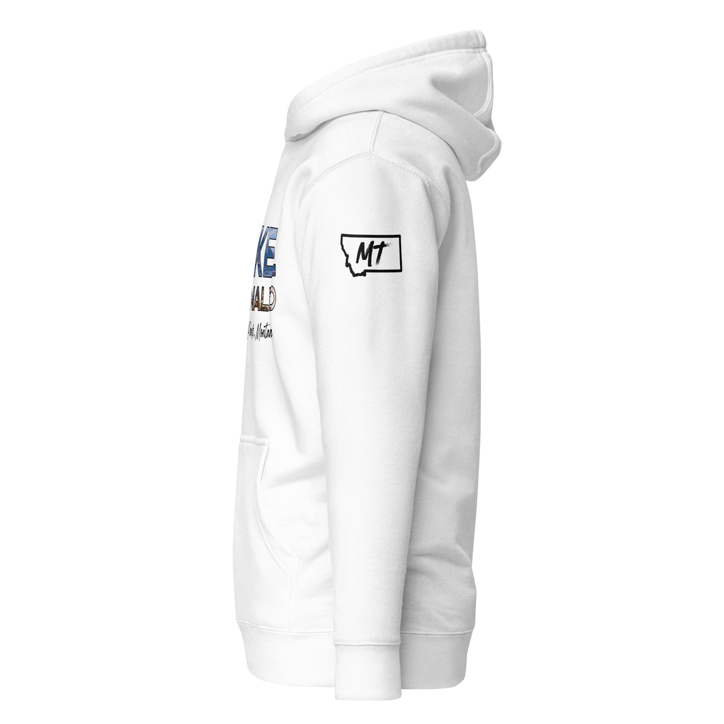 Left Side view of Lake McDonald in Glacier National Park Montana White Soft Hoodie from Park Attire