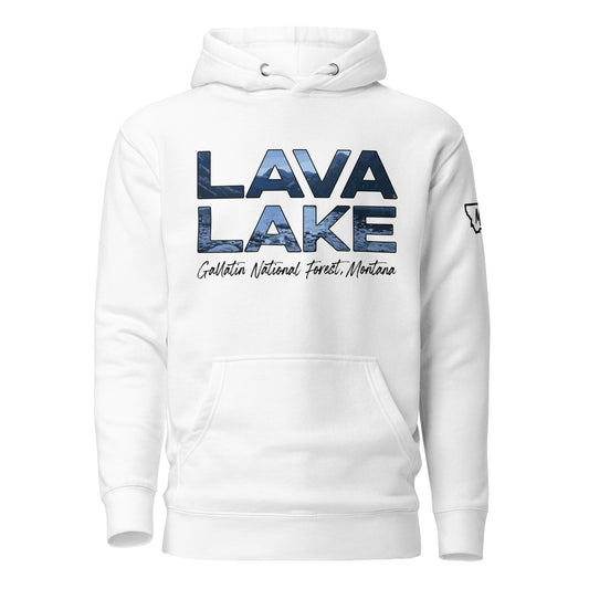Front view of Lava Lake in Custer Gallatin National Forest Montana White Hoodie from Park Attire