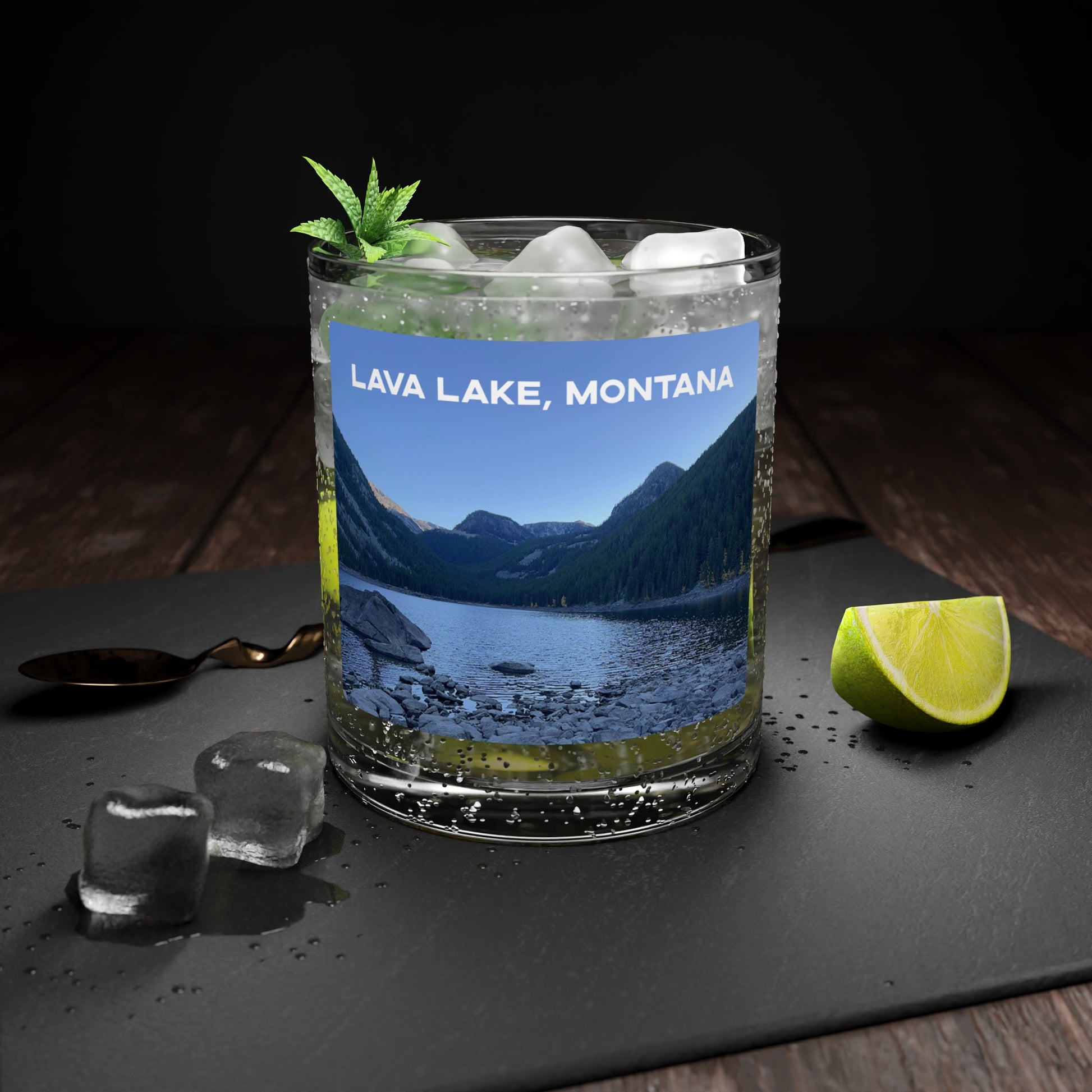 Front view of Lava Lake in Gallatin National Forest Montana Scotch Glass from Park Attire