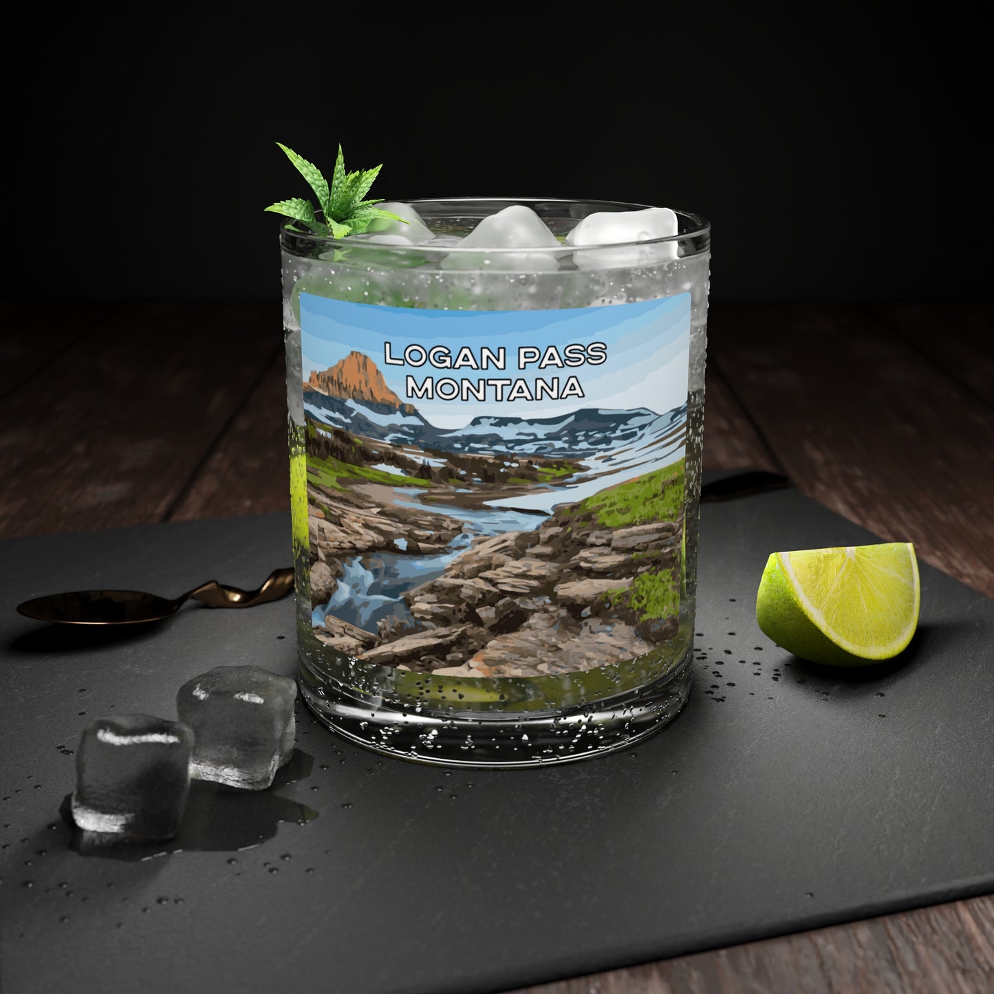 Front view of Logan Pass in Glacier National Park Montana Scotch Glass from Park Attire