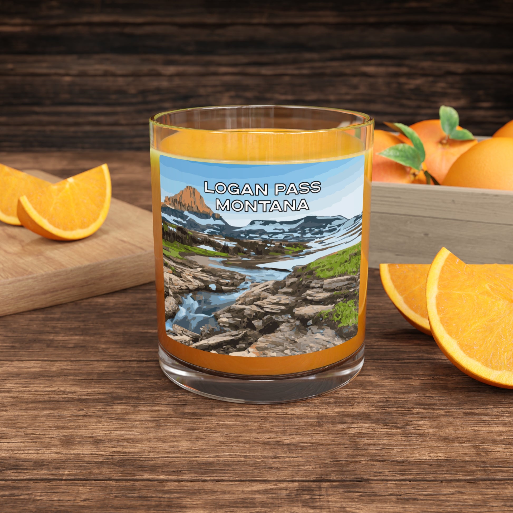 Front view of Logan Pass in Glacier National Park Montana Whiskey Glass from Park Attire