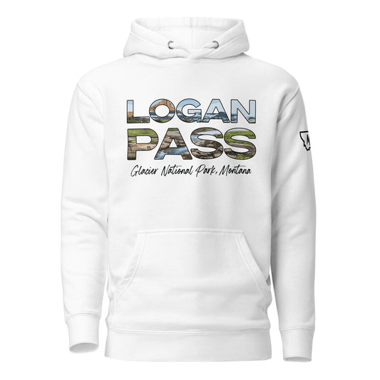 Front view of Logan Pass in Glacier National Park Montana White Hoodie from Park Attire