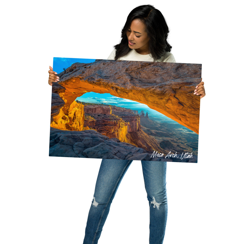 Woman holding view of Mesa Arch in Canyonlands National Park Utah 20x30 Metal Prints Wall Art from Park Attire