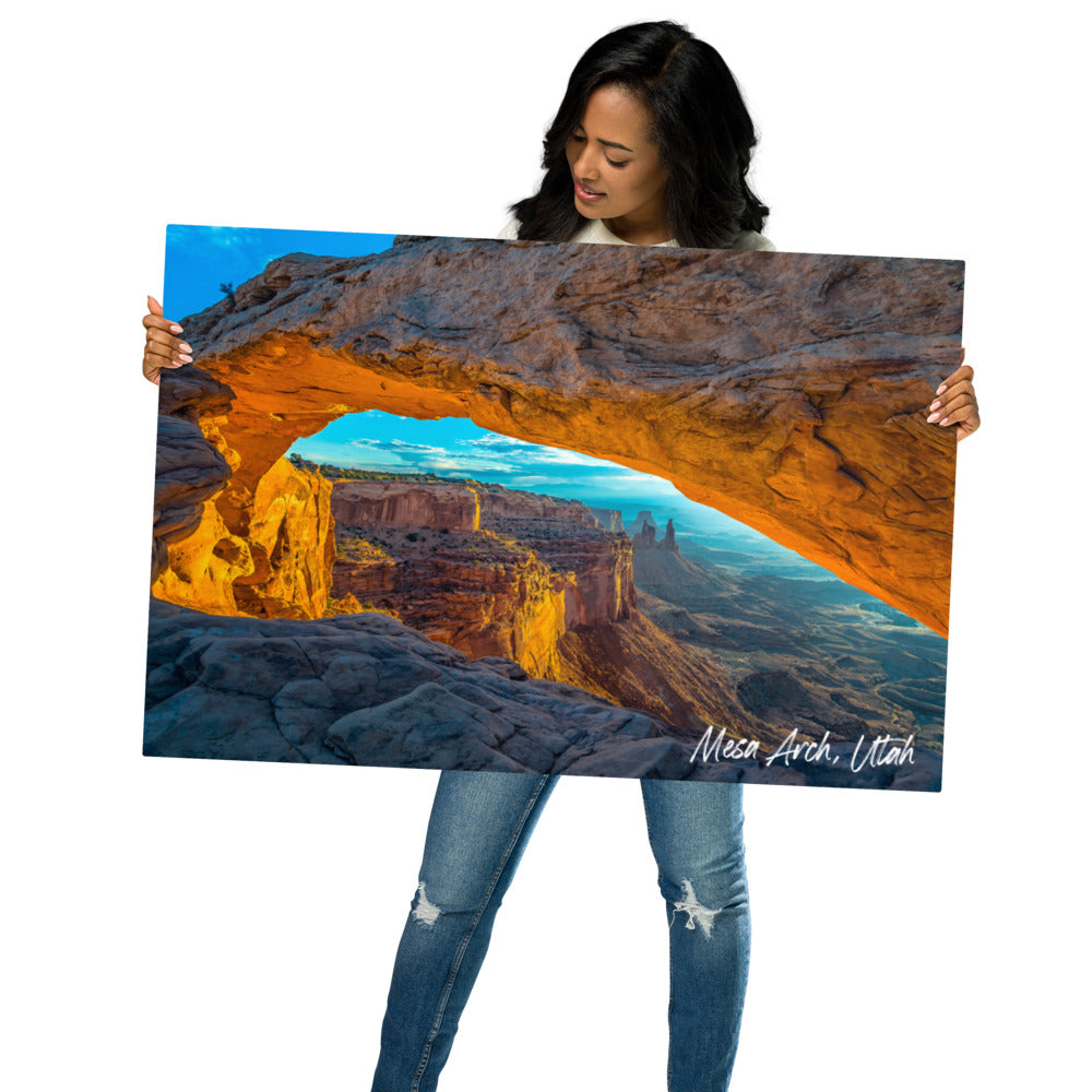 Woman holding view of Mesa Arch in Canyonlands National Park Utah 24x36 Metal Prints Wall Art from Park Attire