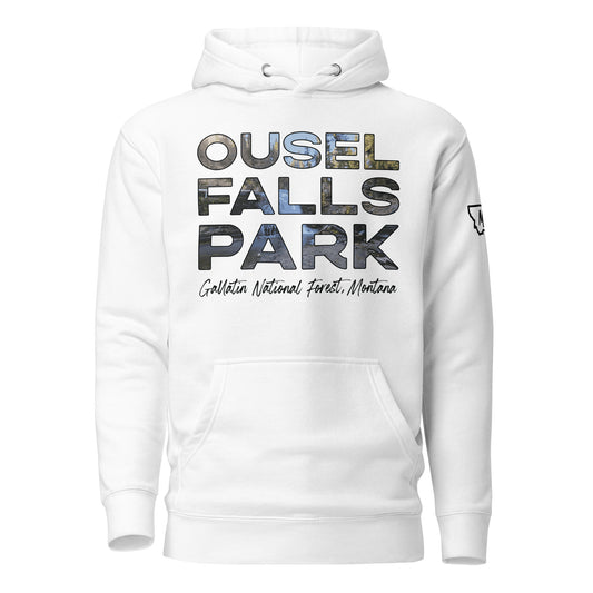 Front view of Ousel Falls Park in Custer Gallatin National Forest Montana White Hoodie from Park Attire