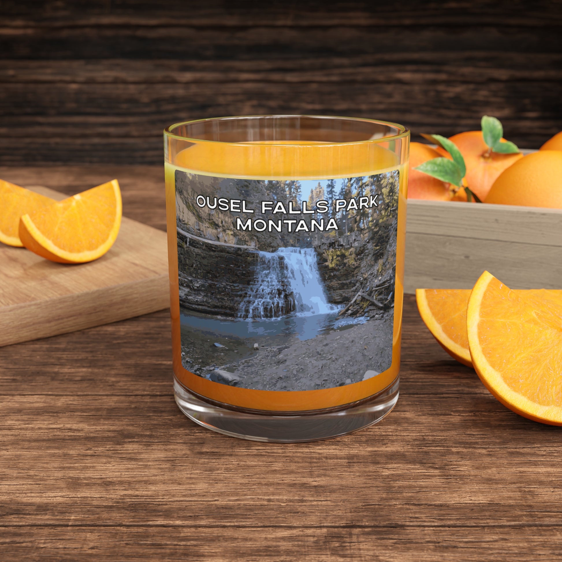 Front view of Ousel Falls Park in Gallatin National Forest Montana Whiskey Glass from Park Attire
