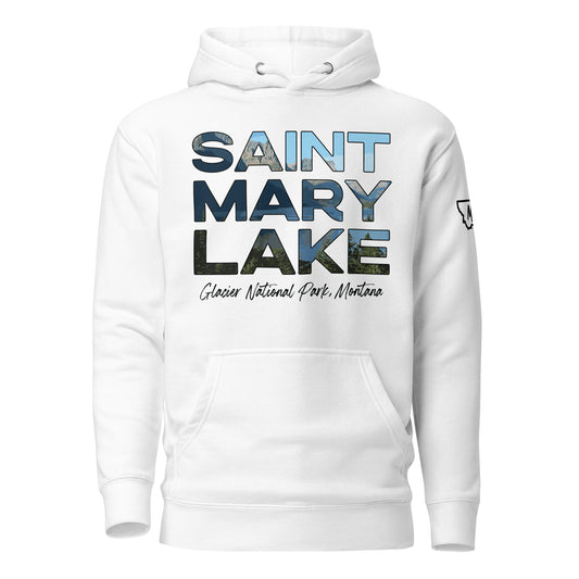 Front view of Saint Mary Lake in Glacier National Park Montana White Hoodie from Park Attire