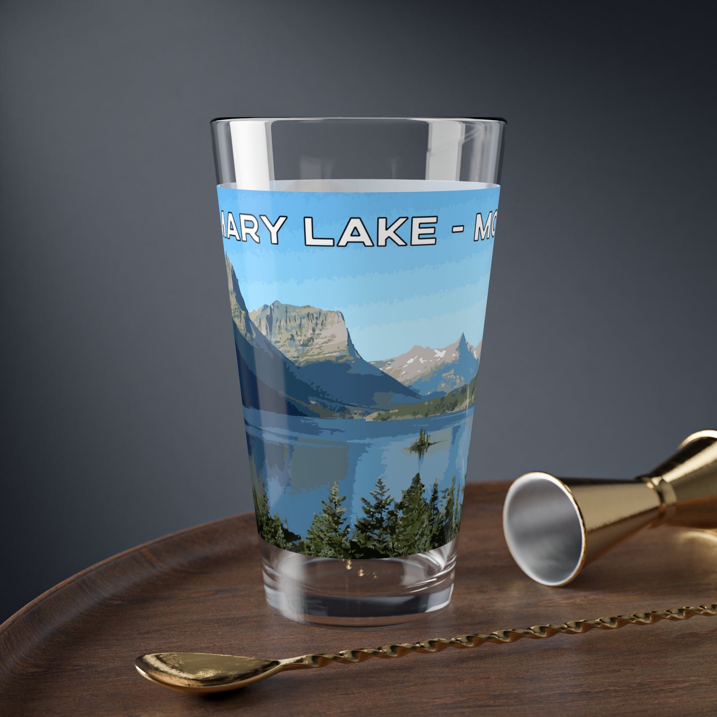Front view of Saint Mary Lake in Glacier National Park 16oz Beer Glass from Park Attire