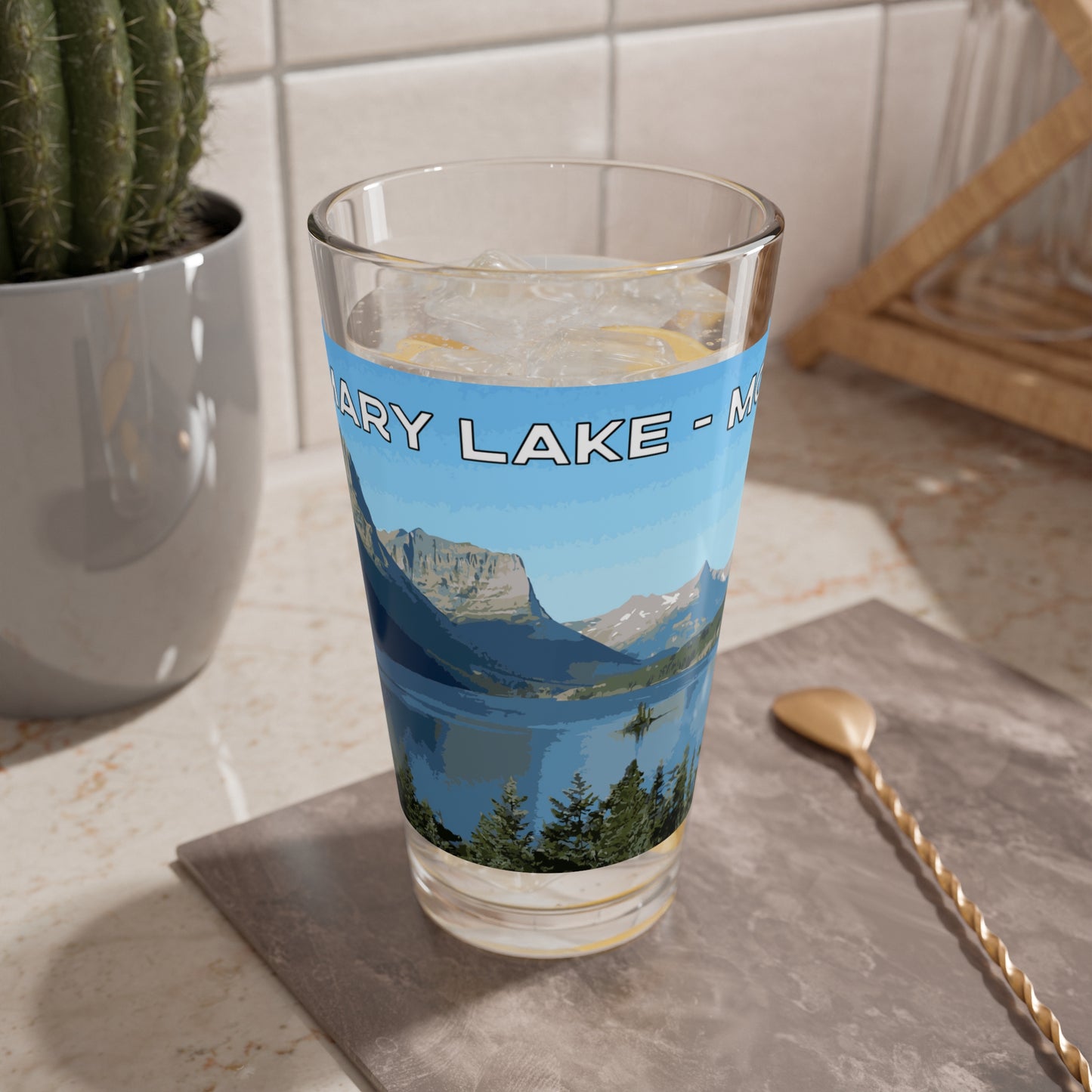Front view of Saint Mary Lake in Glacier National Park 16oz Beer Glassware from Park Attire
