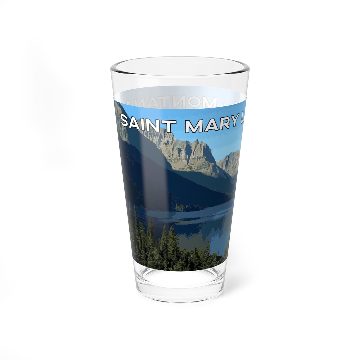 Front view of Saint Mary Lake in Glacier National Park 16oz Pint Glass from Park Attire