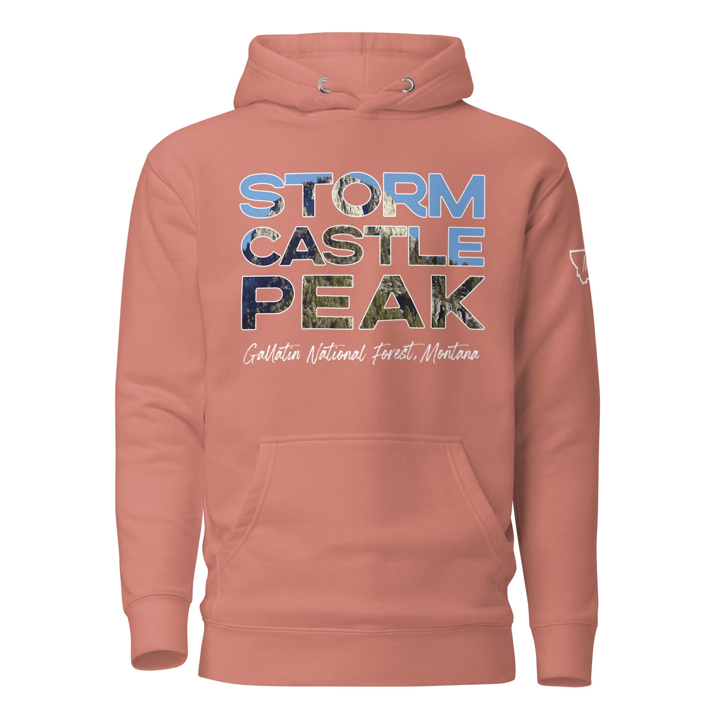 Front view of Storm Castle Peak in Custer Gallatin National Forest Montana Dusty Rose Hoodie from Park Attire