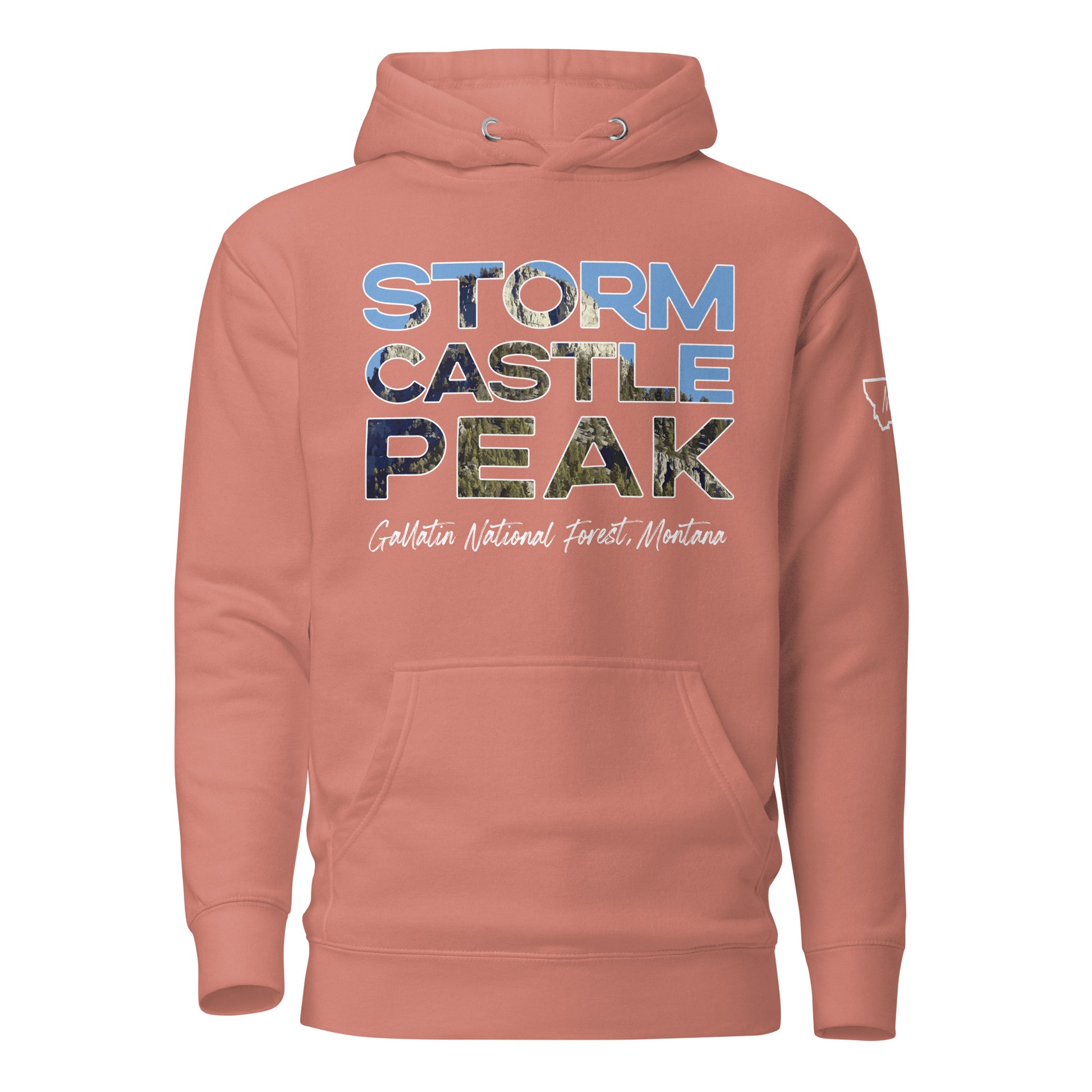 Front view of Storm Castle Peak in Custer Gallatin National Forest Montana Dusty Rose Hoodie from Park Attire