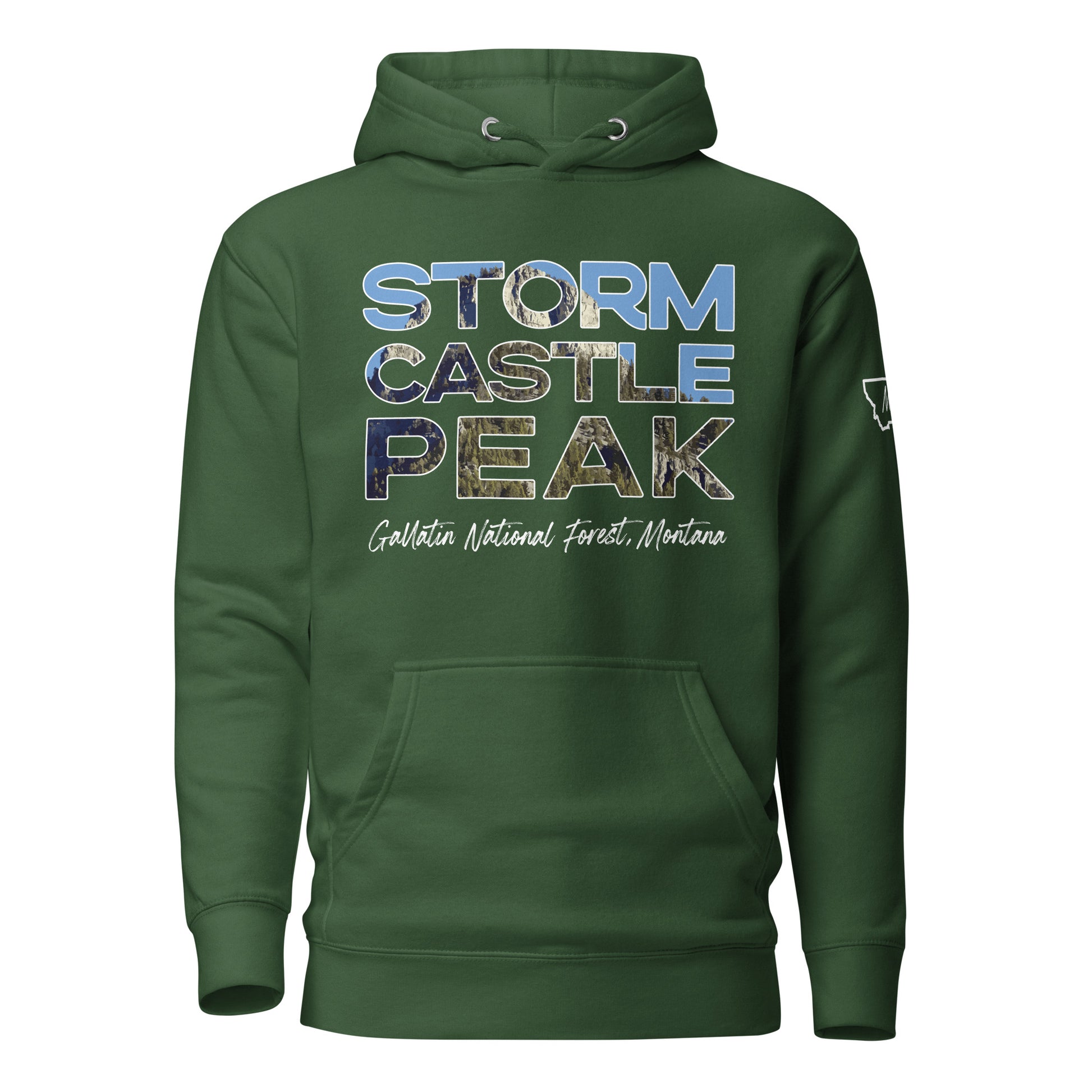 Front view of Storm Castle Peak in Custer Gallatin National Forest Montana Forest Green Hoodie from Park Attire