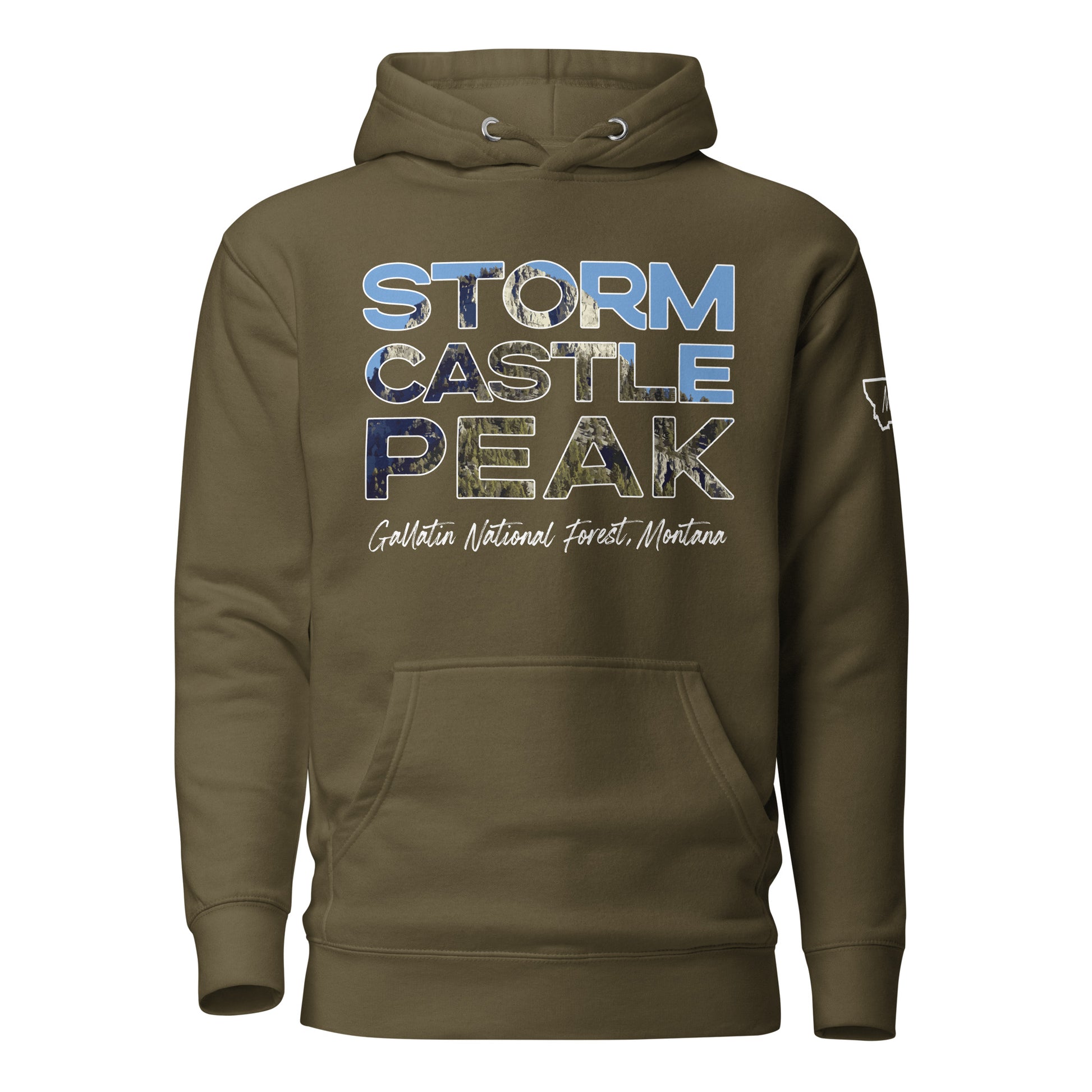 Front view of Storm Castle Peak in Custer Gallatin National Forest Montana Military Green Hoodie from Park Attire