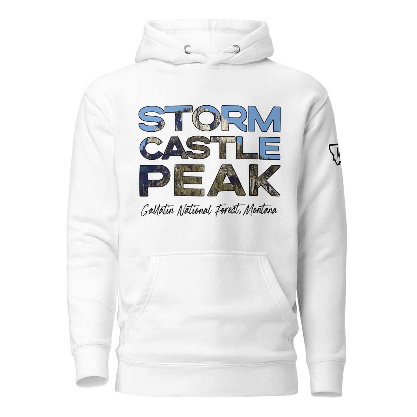 Front view of Storm Castle Peak in Custer Gallatin National Forest Montana White Hoodie from Park Attire