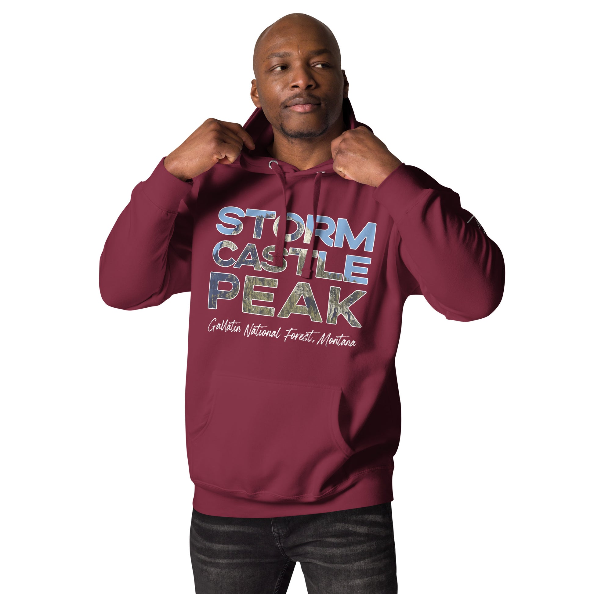 Front-Side view of Storm Castle Peak in Custer Gallatin National Forest Montana Maroon Men's Hoodie from Park Attire
