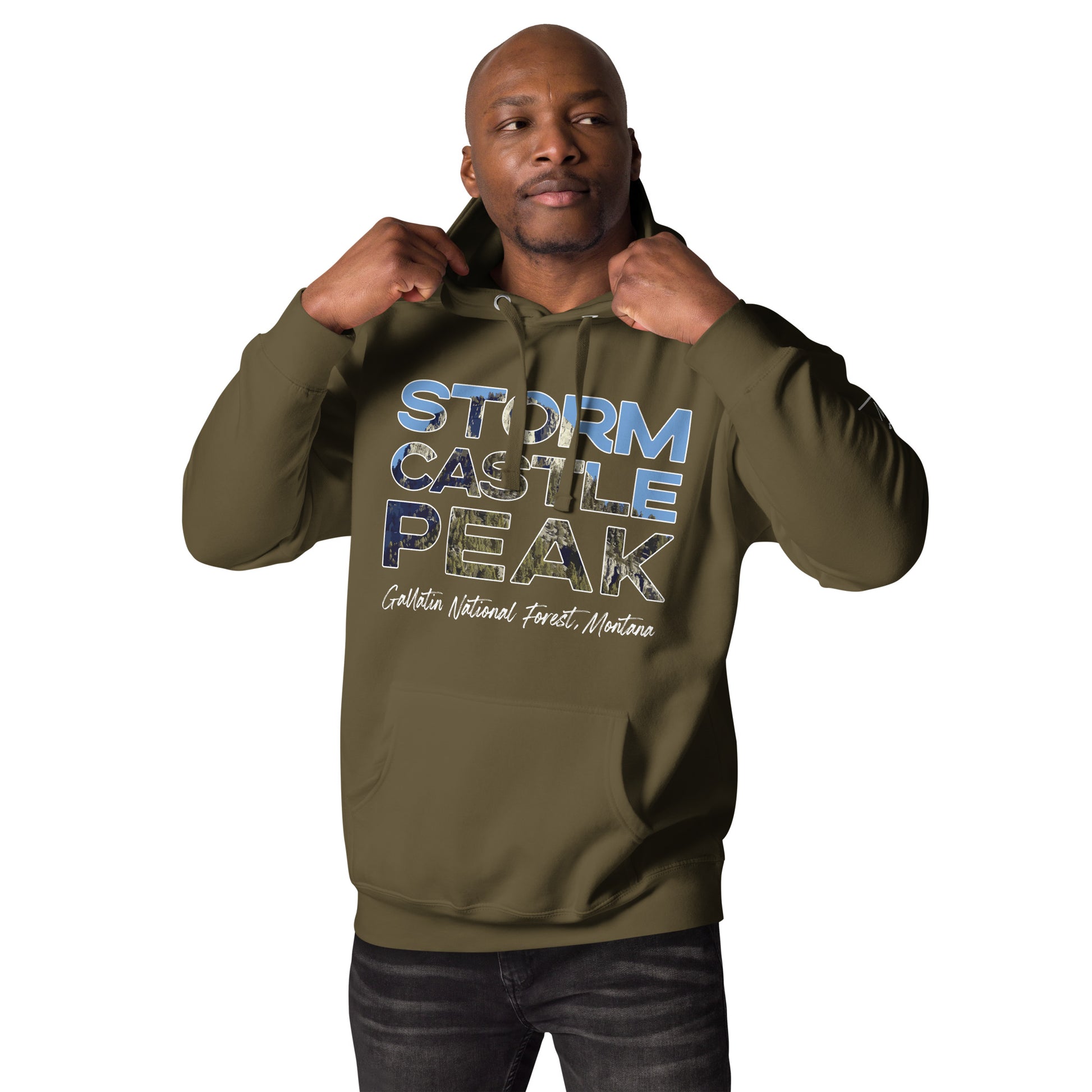 Front-Side view of Storm Castle Peak in Custer Gallatin National Forest Montana Military Green Men's Hoodie from Park Attire
