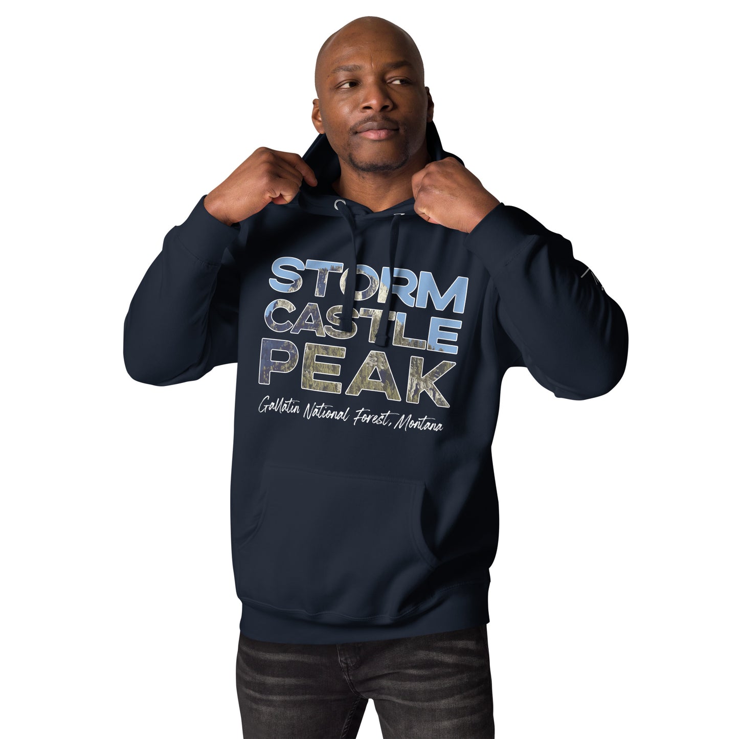 Front-Side view of Storm Castle Peak in Custer Gallatin National Forest Montana Navy Men's Hoodie from Park Attire